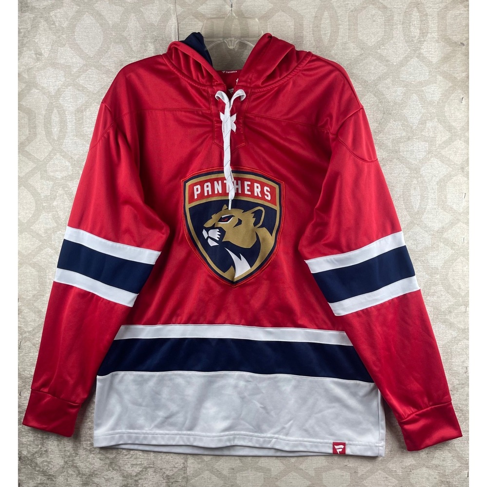 Fanatics Florida Panthers NHL Mens L Red Lace Up Hoodie Jersey Fleece Polyester